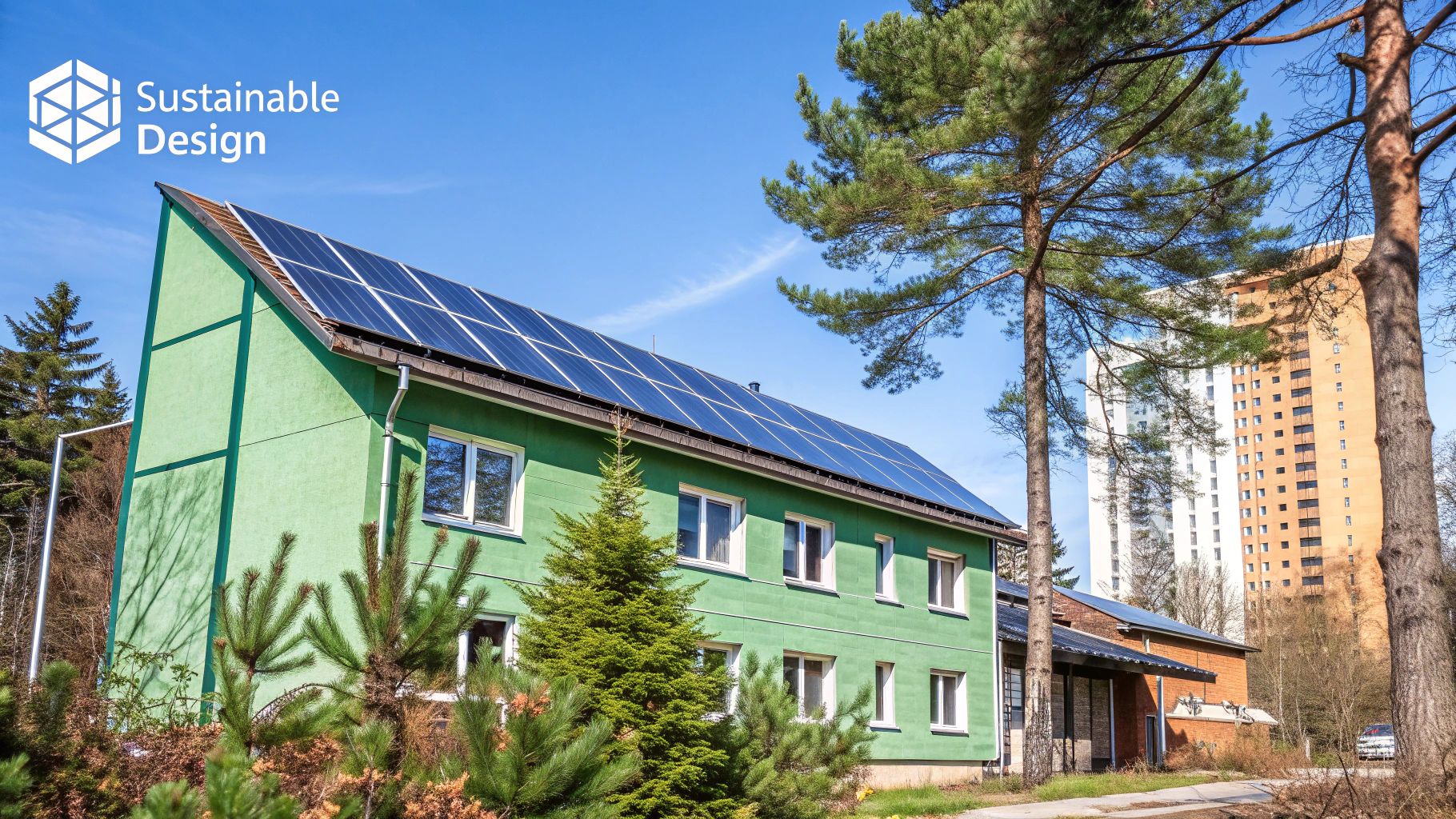 A house under construction with green exterior sheathing and solar panels on the roof with words on the image that say sustainable design.