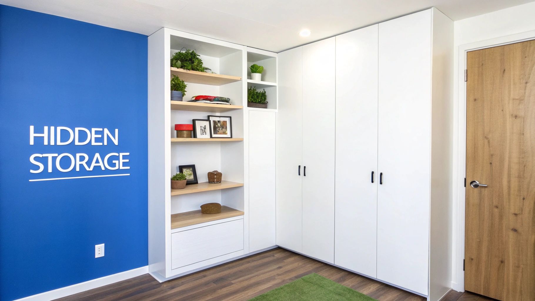 Stylish living room with tall, floor-to-ceiling bookshelves that are neatly organized.