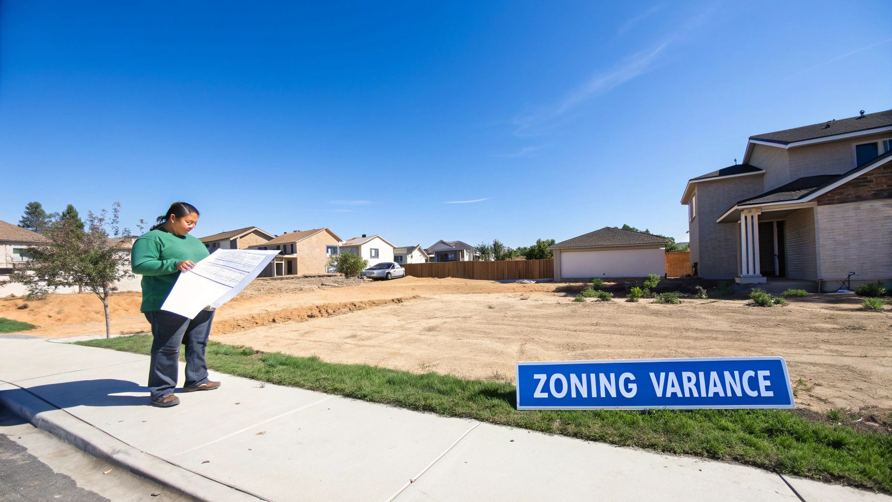 A woman reviews blueprints on a vacant lot with a blue "Zoning Variance" sign, surrounded by suburban homes.
