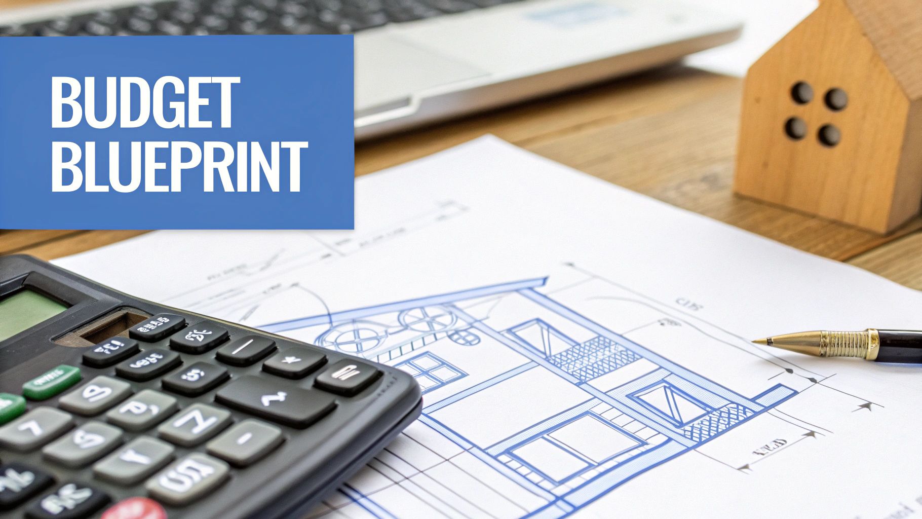 A house drawing on a wood table with a calculator on top and a pen sitting next to a small model house and words on the image that says budget blueprint.