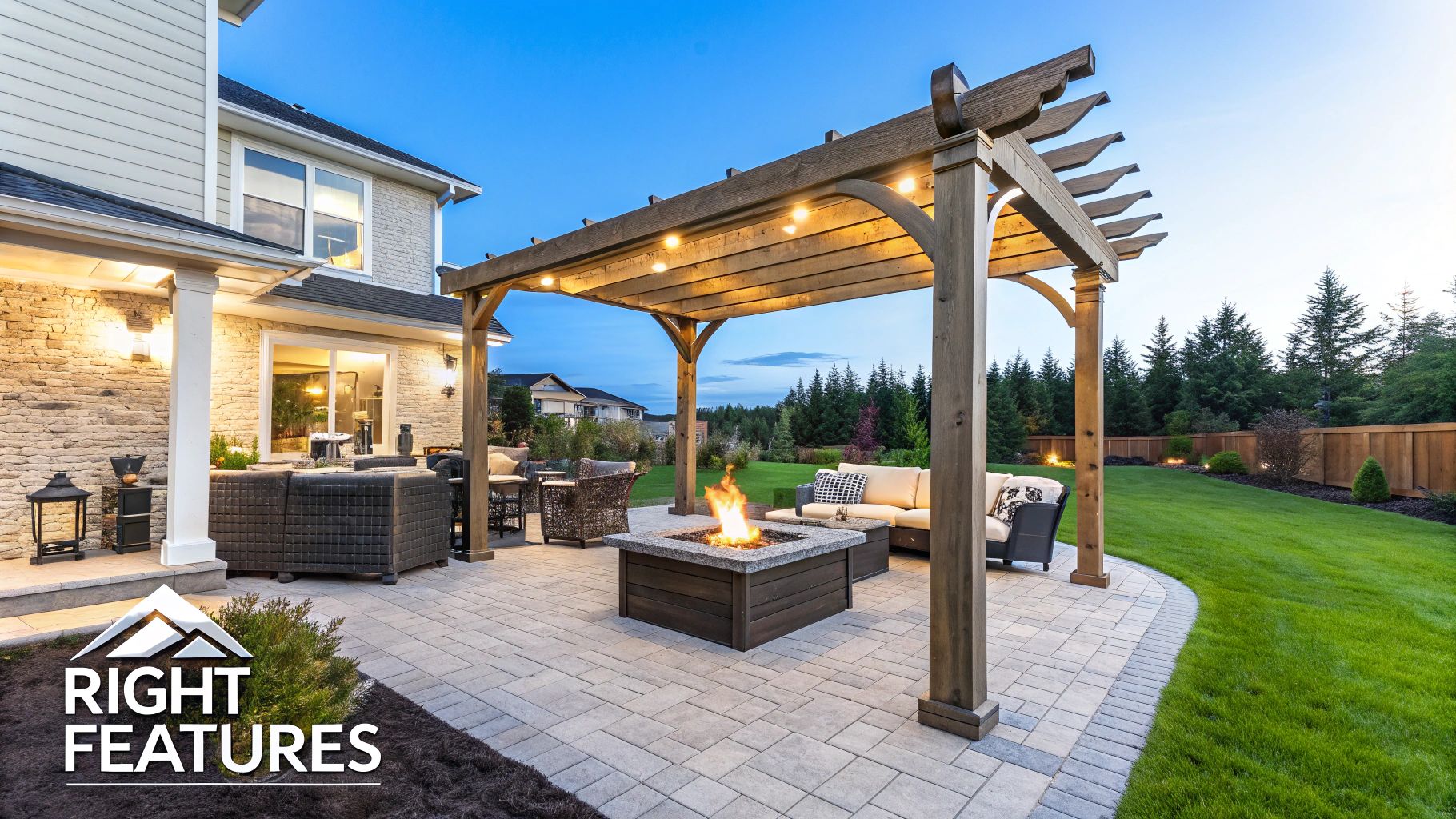 A picture of an outside patio with a pergola, firepit, outside furniture on a paver brick patio behind a house at sunset.