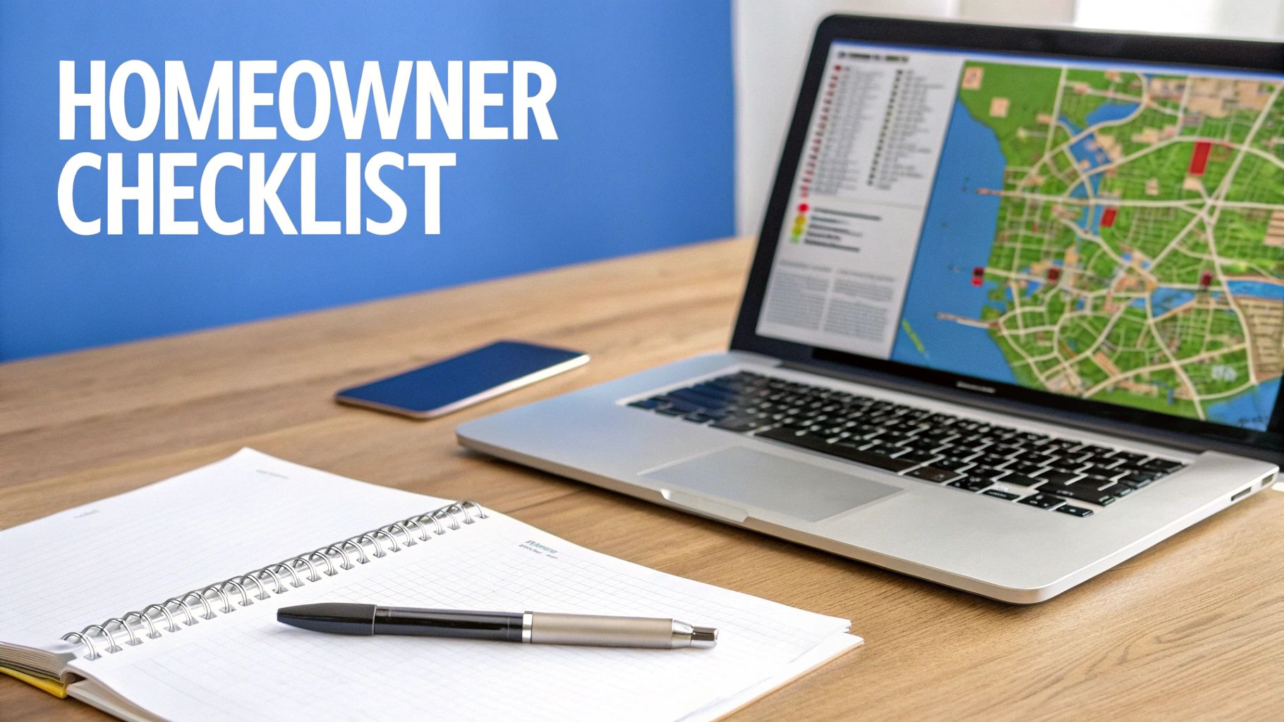 A homeowner checklist displayed on a blue wall with a laptop showing a map on a wooden desk.