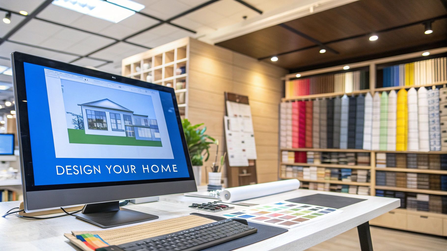 Inside of a room with a bunch of colored selection items and a white table with a computer screen on it that shows a CAD exterior drawing of a house that says design your home.