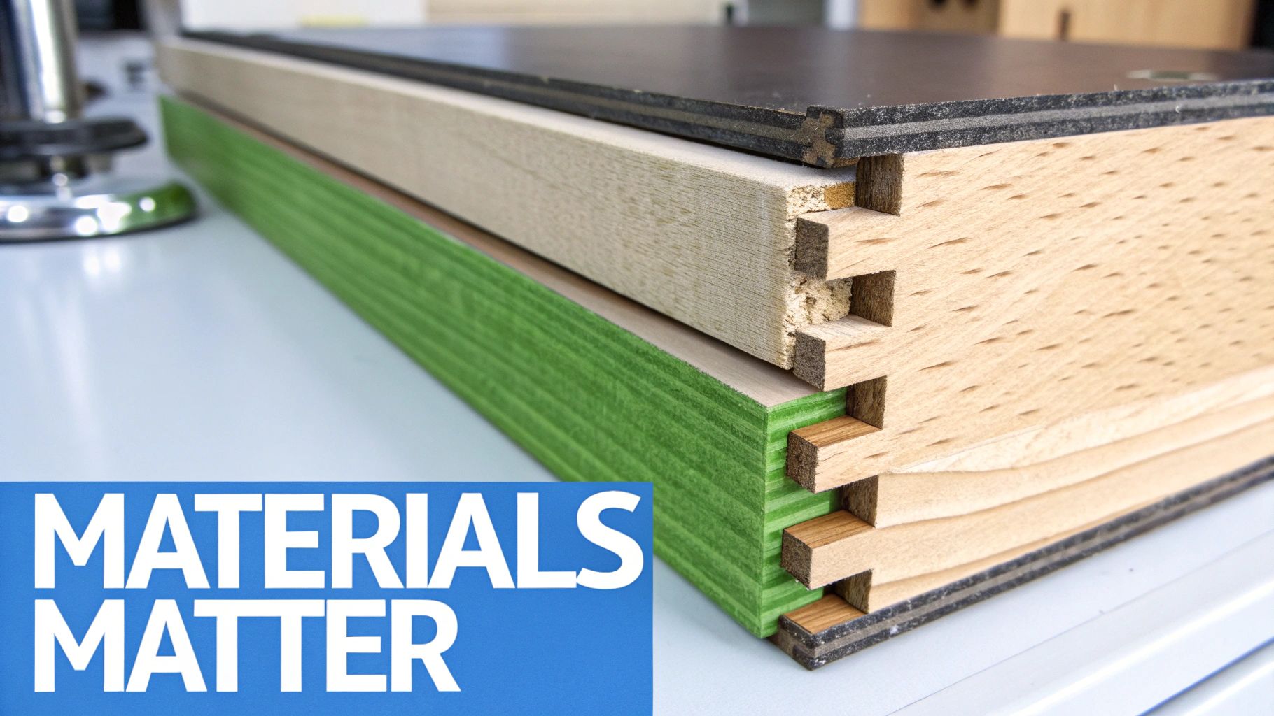 Stacked wood and composite boards with intricate dovetail joints, highlighting material differences.