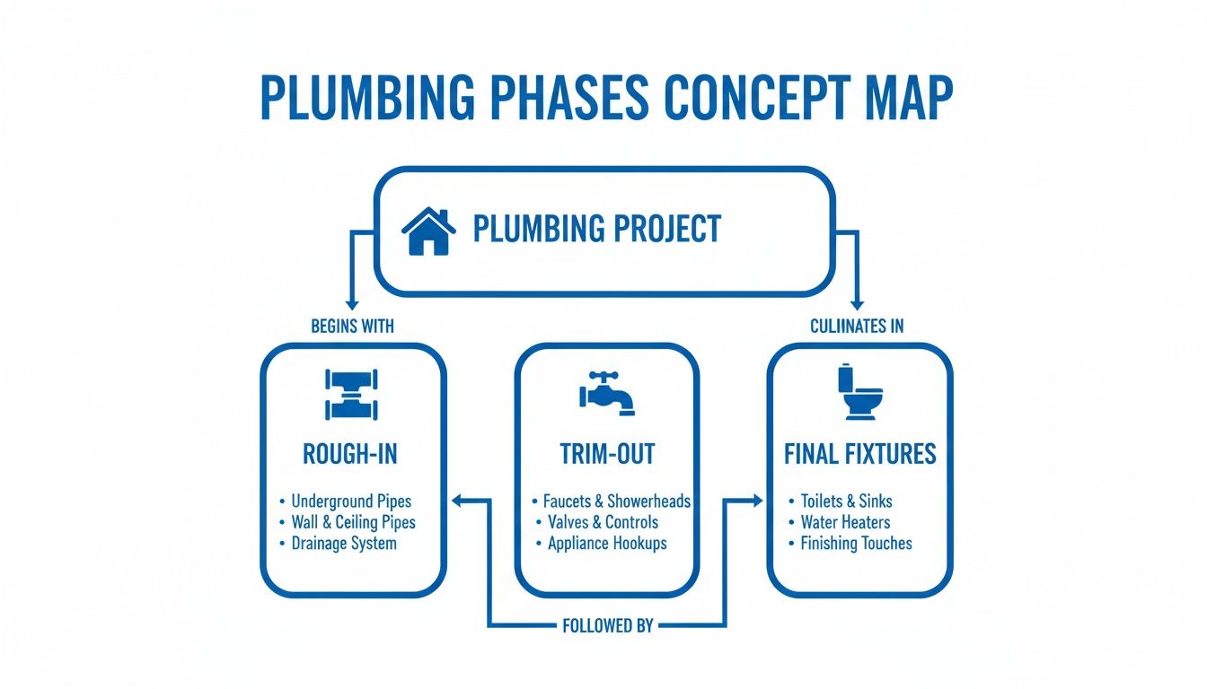 Concept map illustrating the three main phases of a plumbing project: rough-in, trim-out, and final fixtures.