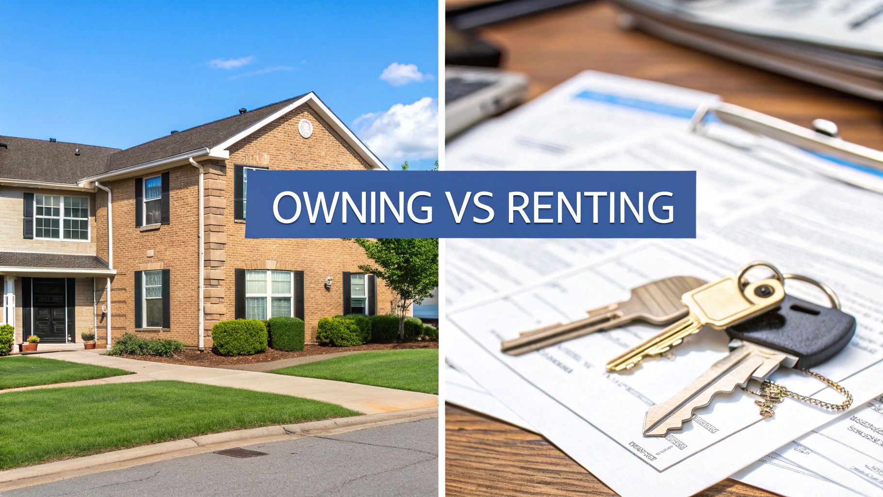 A side by side picture of a single family home outside on a sunny day of the left side of the picture and papers with keys on top on the right side of the picture.