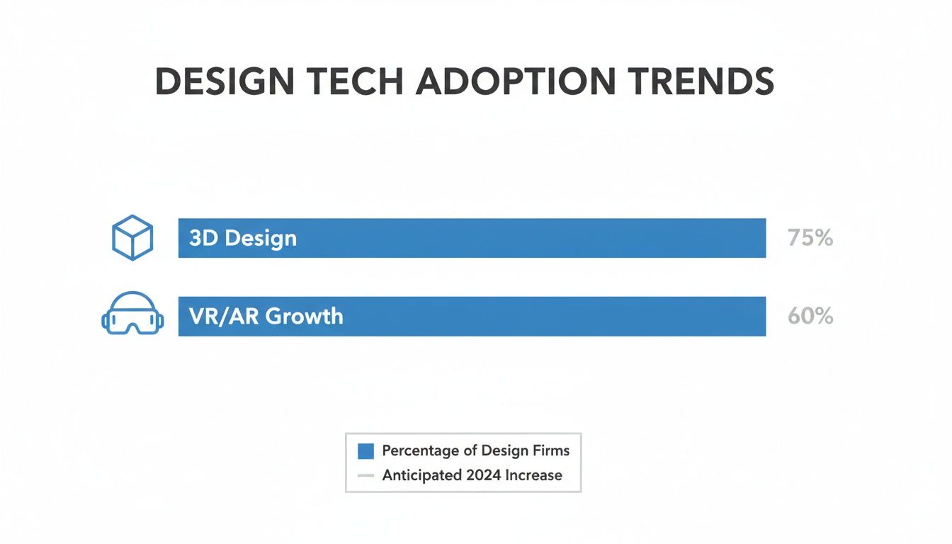 Infographic displaying design technology adoption trends, showing 75% for 3D Design and 60% for VR/AR growth.