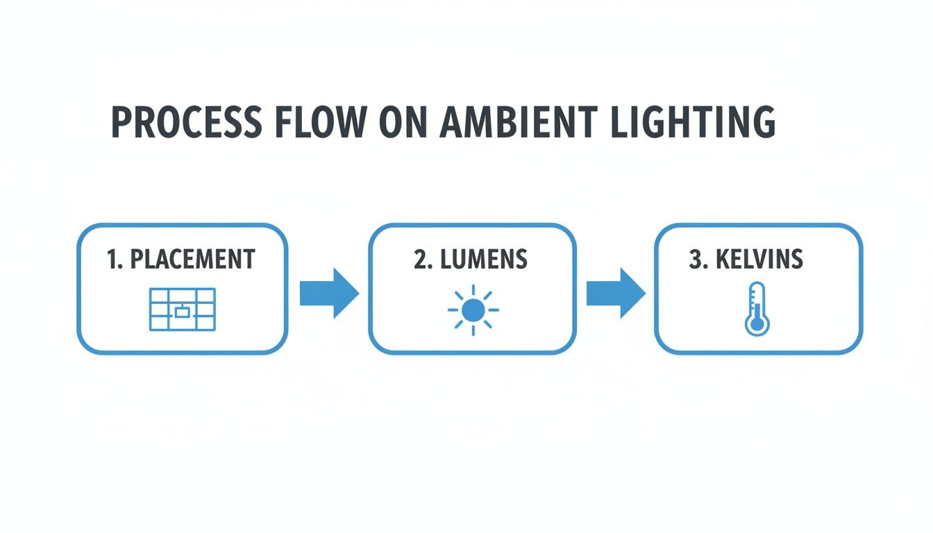 Process flow diagram explaining ambient lighting design through placement, lumens, and kelvins.