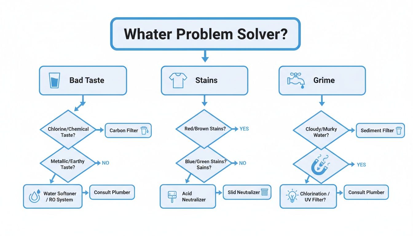 Flowchart guiding solutions for common water problems: bad taste, stains, and grime, recommending filters or plumbers.