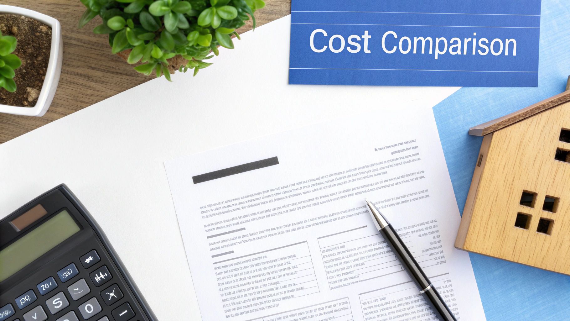 A person using a calculator with house keys and documents on a desk