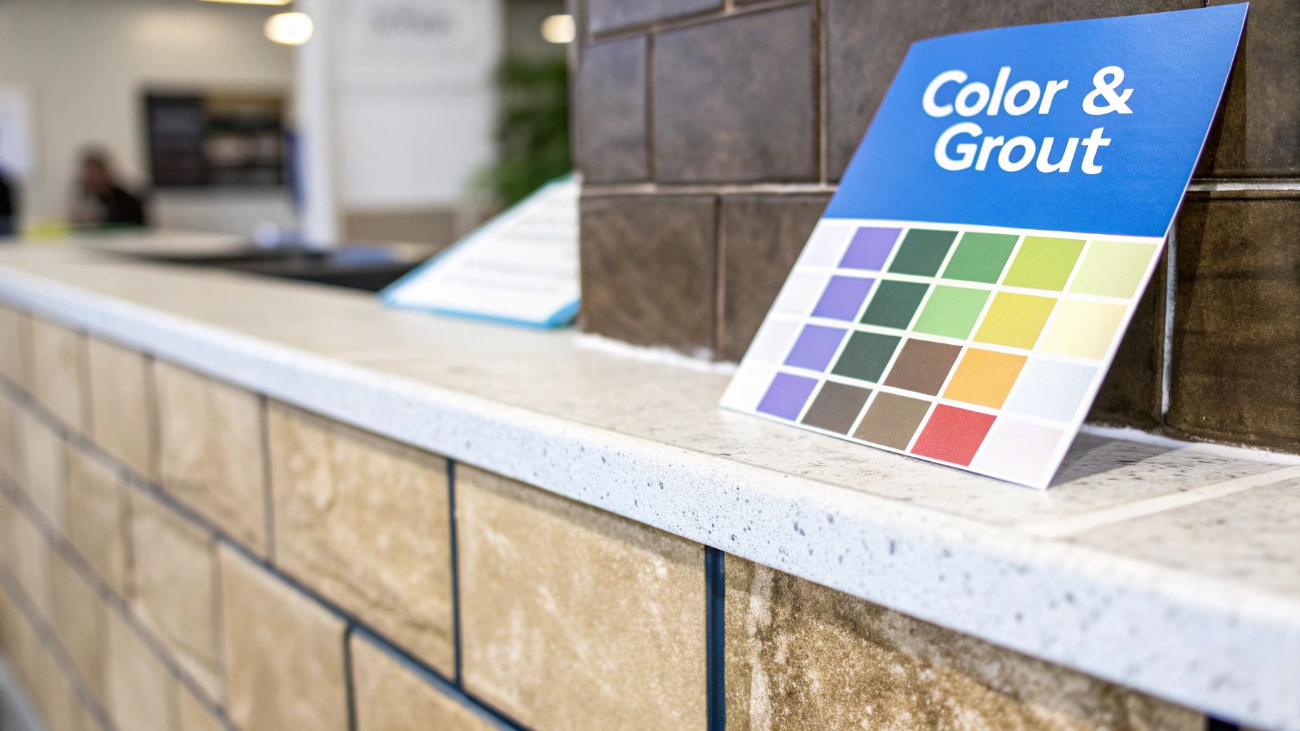 A 'Color &amp; Grout' sample card displaying various color options for tile and grout.