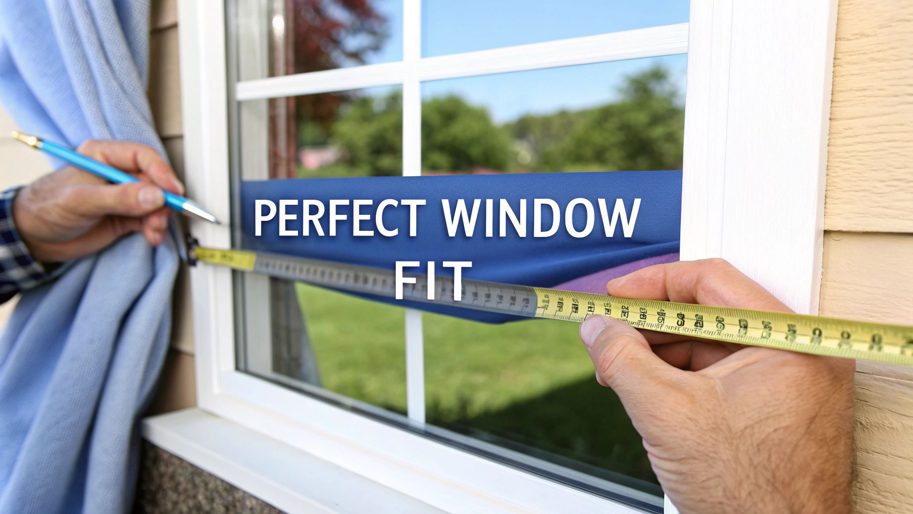 A person measuring a window with a yellow tape measure while holding a pencil to measure for window treatments.
