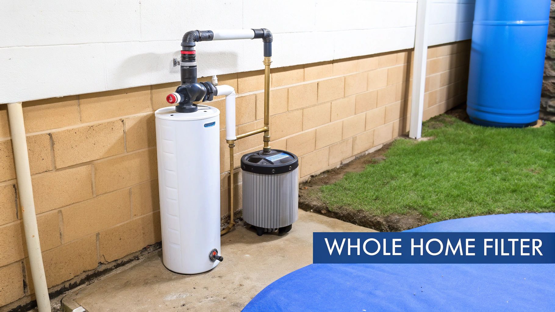 Outdoor installation of a whole house water filter system with plumbing against a brick wall.