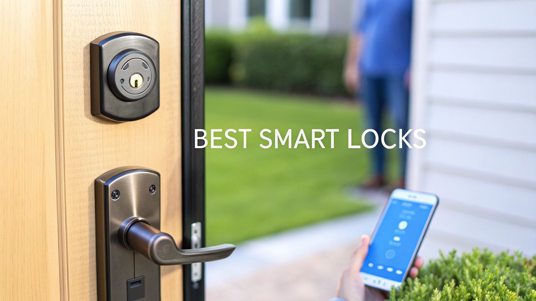 A smart dead bolt lock on a door with words on the image that say best smart locks.
