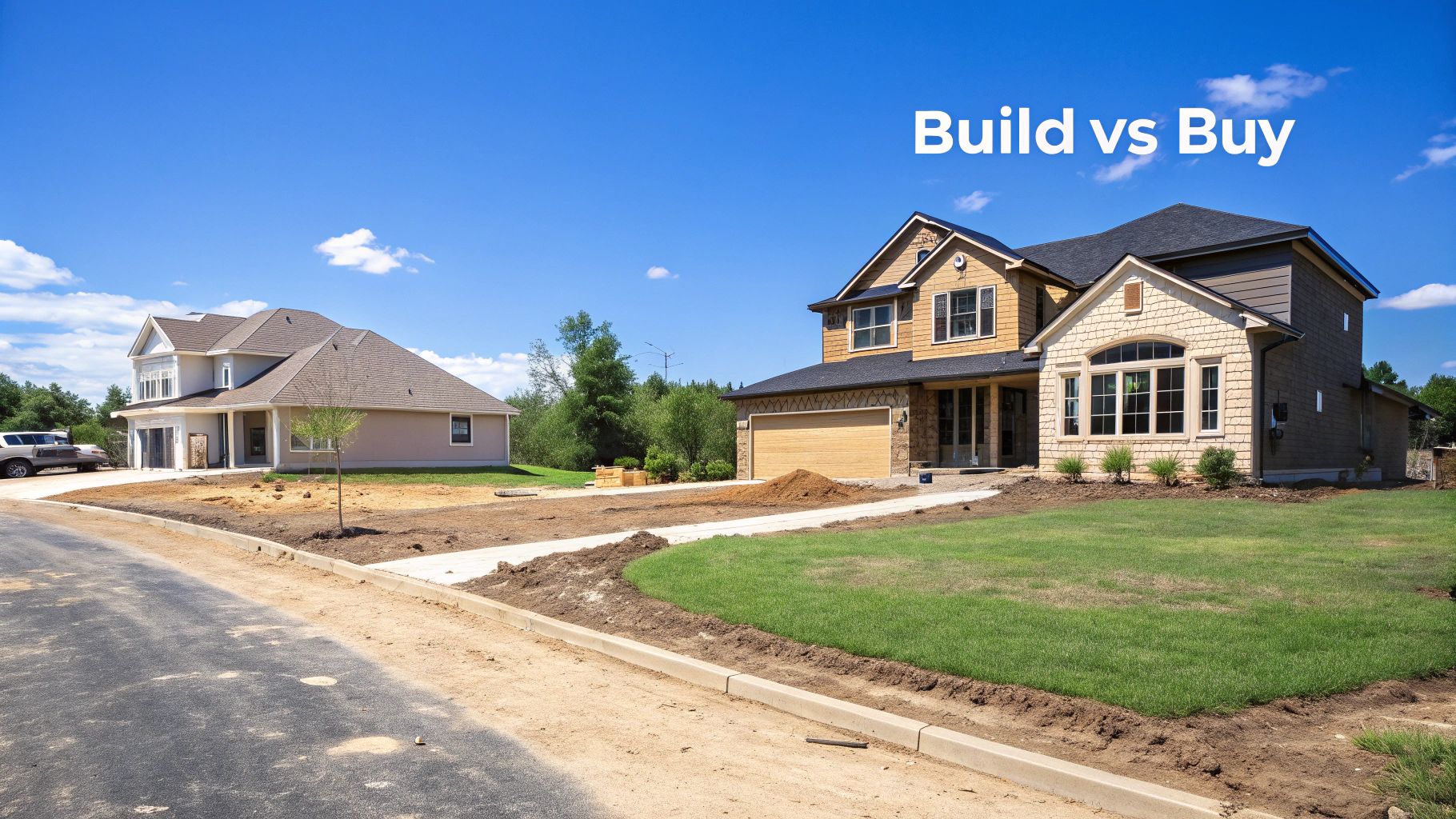 Two new houses in different stages of construction, one nearly complete, showcasing the 'Build vs Buy' decision.