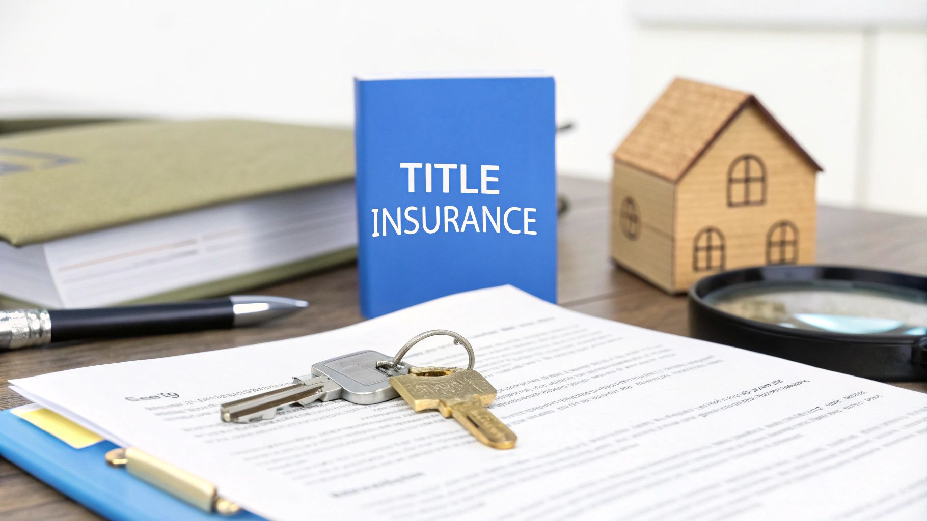 Home closing paperwork on a wood table next to a small model house, book, pen keys and a blue book that says title insurance.