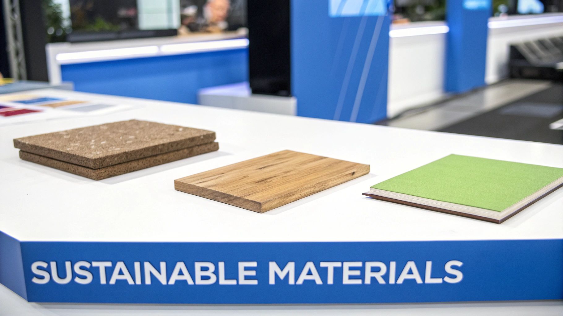 A display of various sustainable material samples including stacked cork, wood, and a green-covered book on a white table.