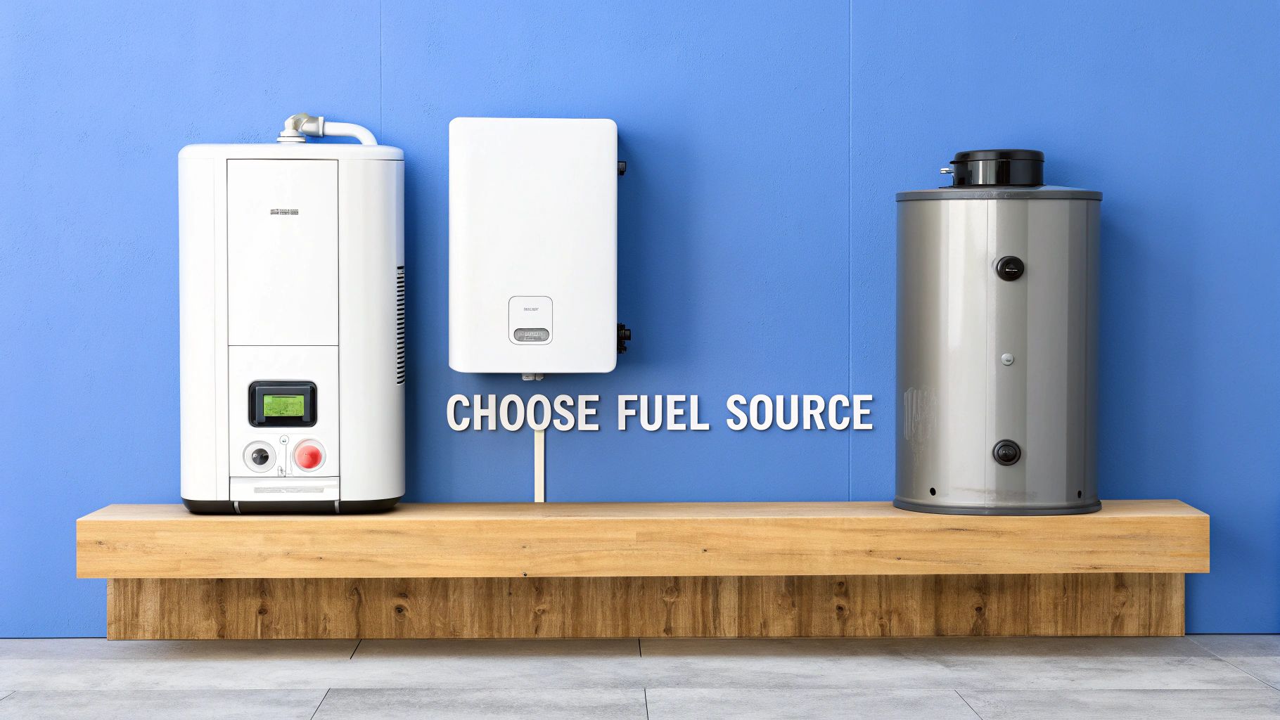 Three different types of water heaters next to a blue wall with words on the images that say choose fuel source.