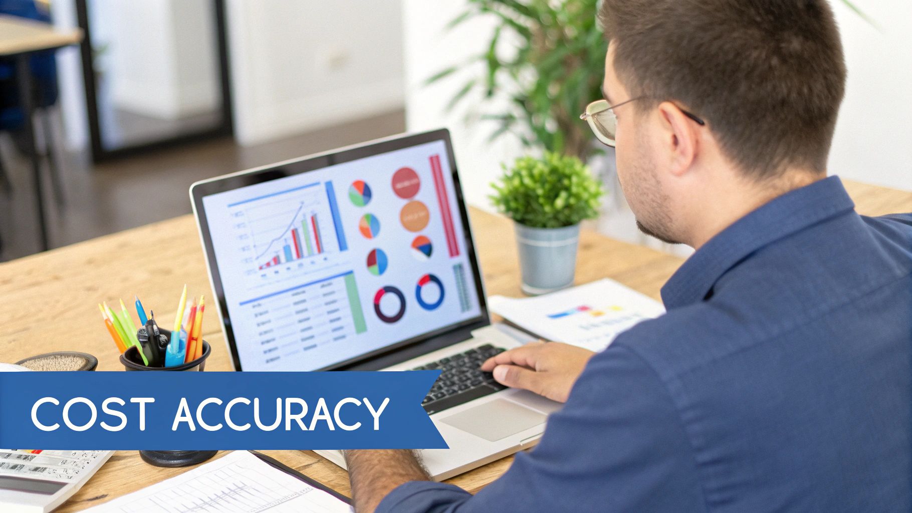 A man working on a laptop looking at the screen that has graphs on the screen, on top of a wooden desk with a round pen holder filled with pens and pencils, a calculator and a small green plant in a pot.