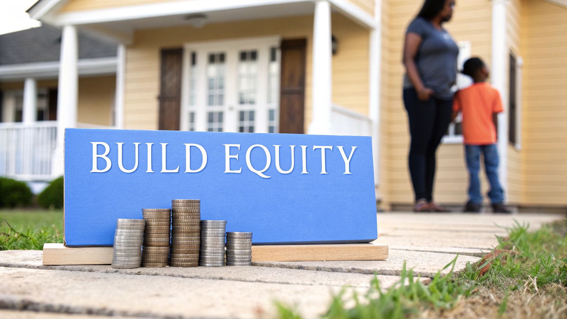 A blue sign with 'BUILD EQUITY' in front of stacked coins and a blurry house with people.