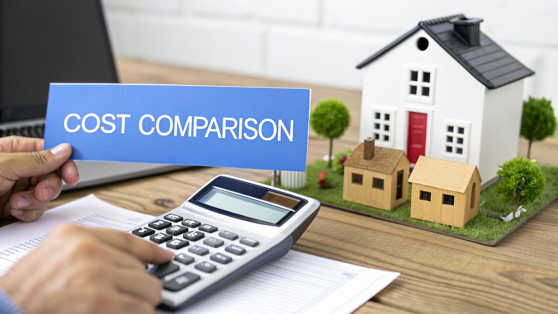 Hands performing cost comparison calculations with a calculator, a 'COST COMPARISON' sign, and miniature houses.
