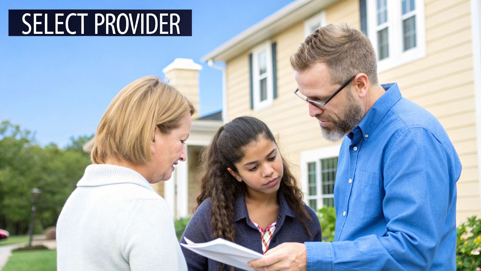 A man holding a paper in front of a woman and a teenage girl, explaining what is on the paper with words on the image that says select provider