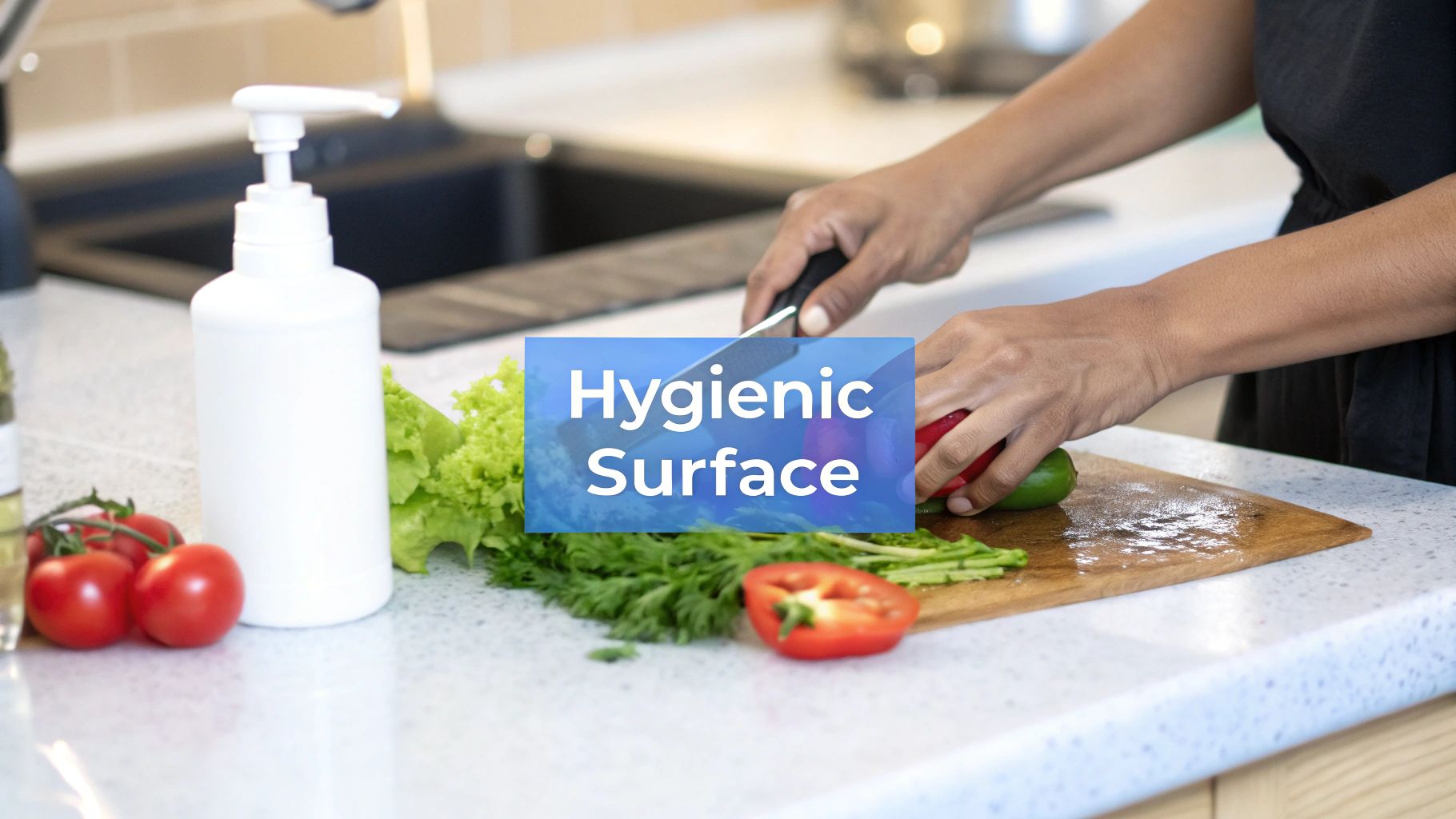 Person chopping fresh vegetables on a clean, hygienic kitchen countertop with a soap dispenser nearby.