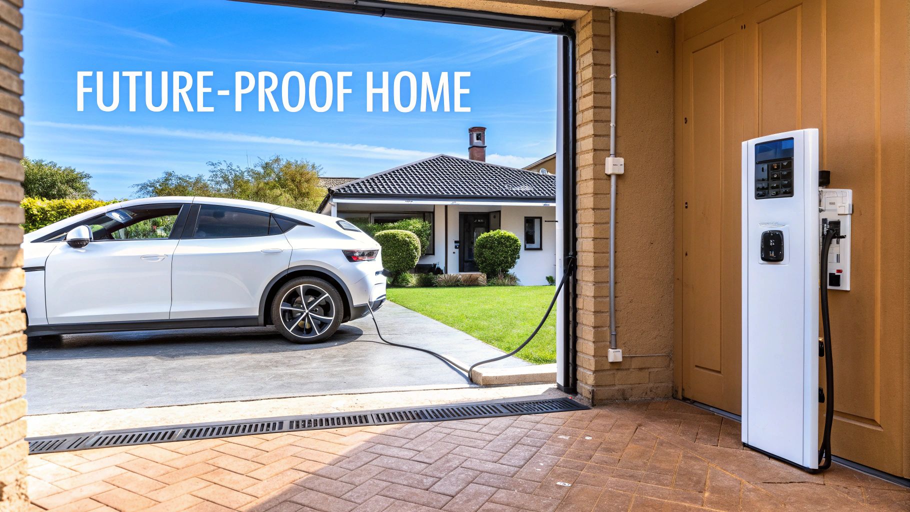 A white electric vehicle charging at a home with an EV charger in an open garage.