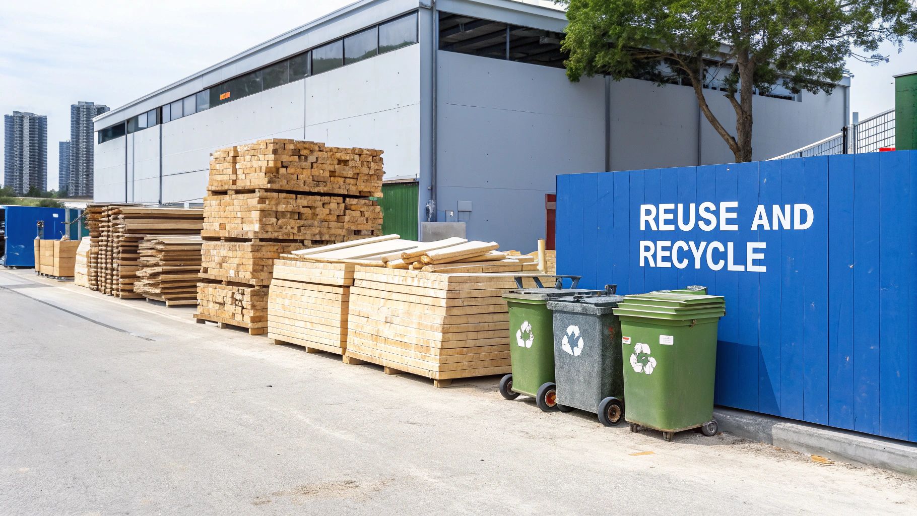 Stacked wooden planks and recycling bins outside a building with a 'REUSE AND RECYCLE' sign.