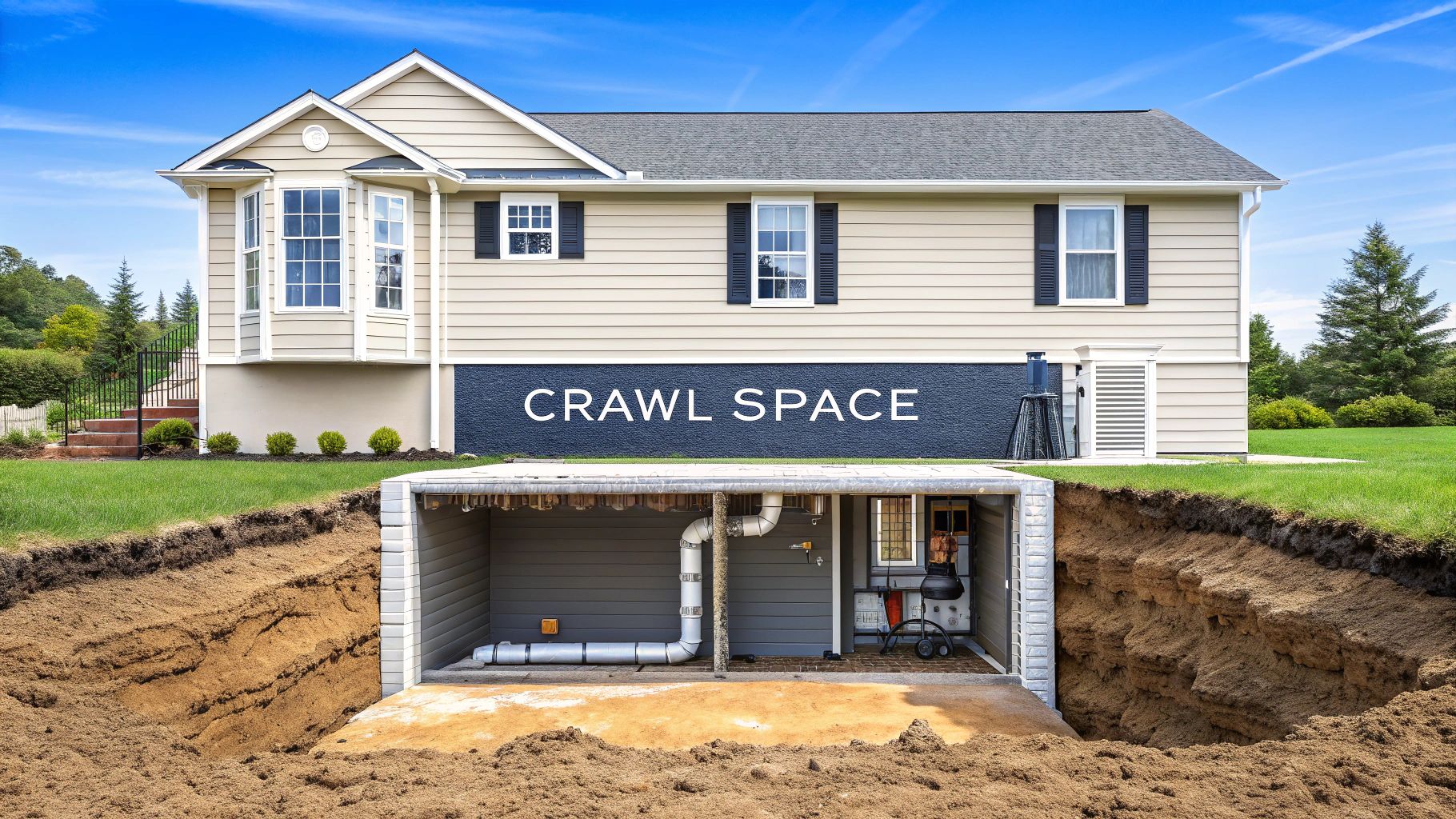 A single family home with a cut away showing what a crawl space can look like below a home.
