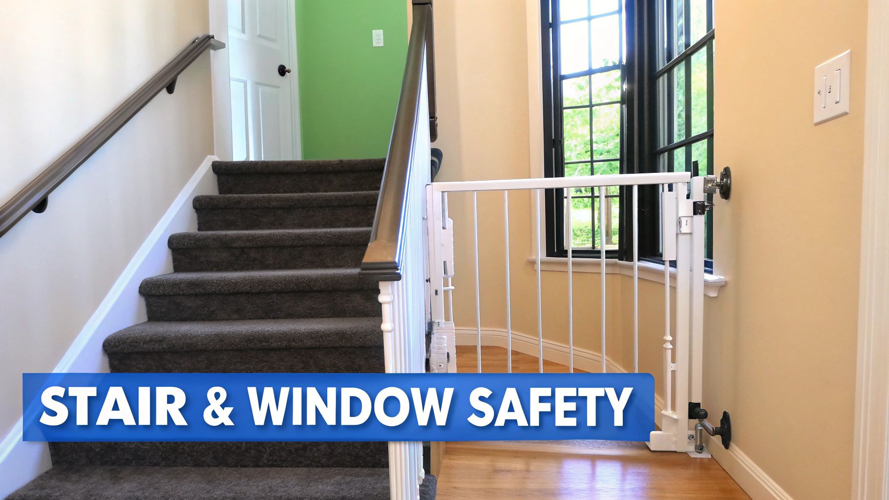 A white child safety gate installed at the bottom of a carpeted staircase next to a window.