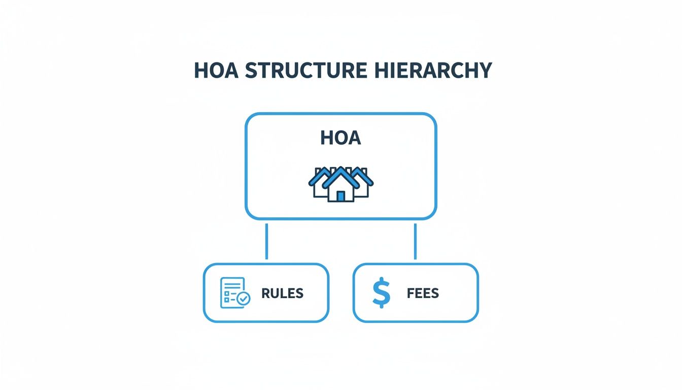 A diagram illustrates the HOA structure hierarchy, showing rules and fees as its main components.
