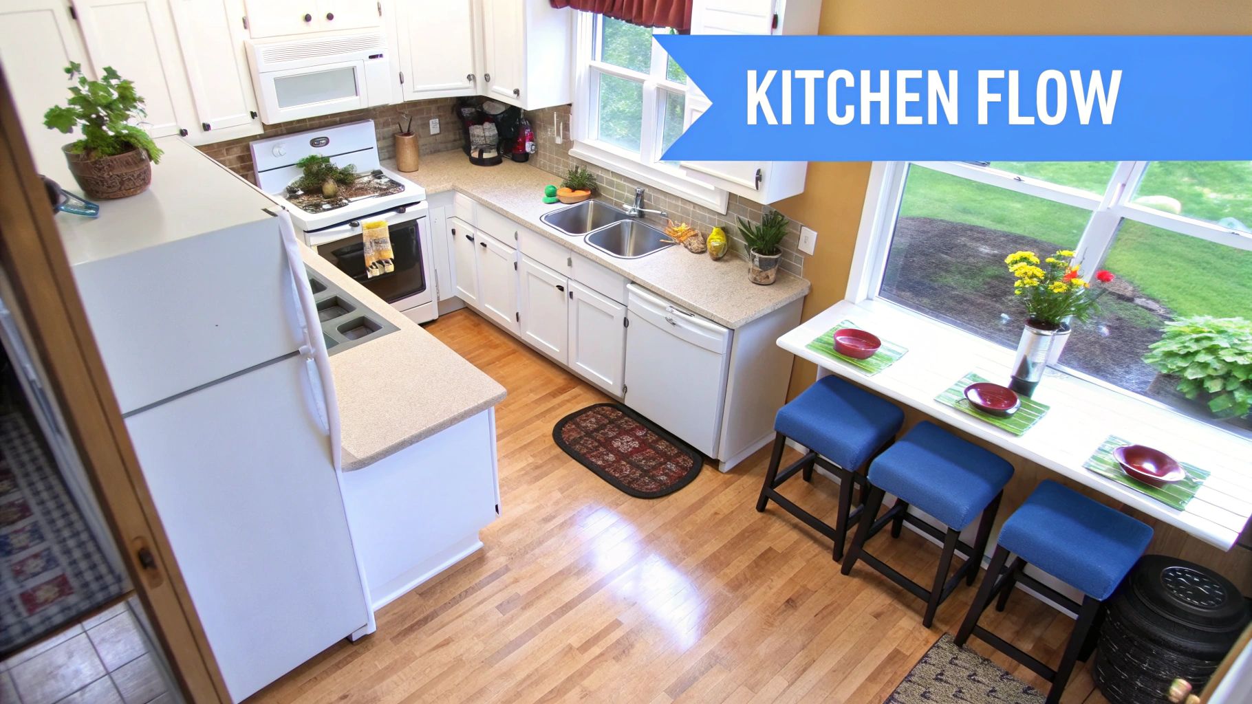 A bright, modern kitchen features white cabinets, light wood floors, appliances, and a window bar.