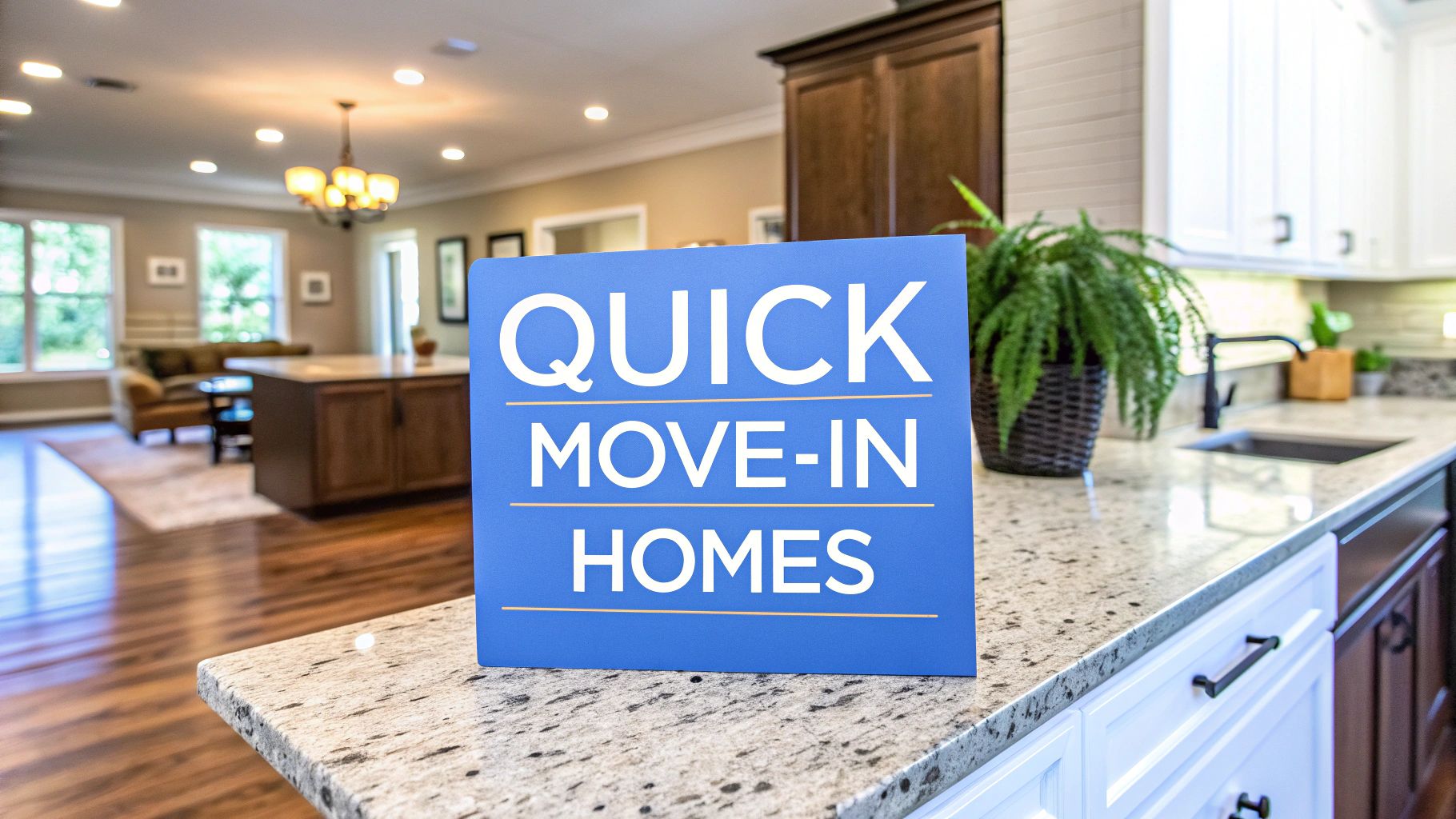 A picture of a granite countertop in a kitchen looking into a living room with words on the image that says quick move-in homes.