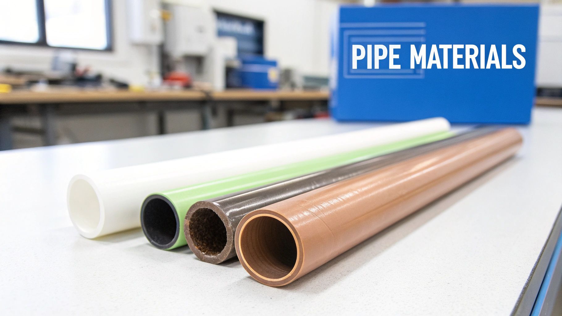Four different colored pipes, representing various pipe materials, displayed on a clean white surface with 'PIPE MATERIALS' text in the background.