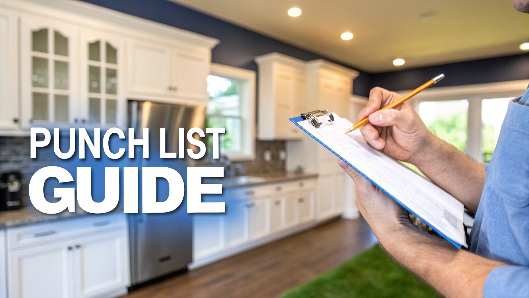 A person with a clip board standing in a kitchen with words on the image that says punch list guide.