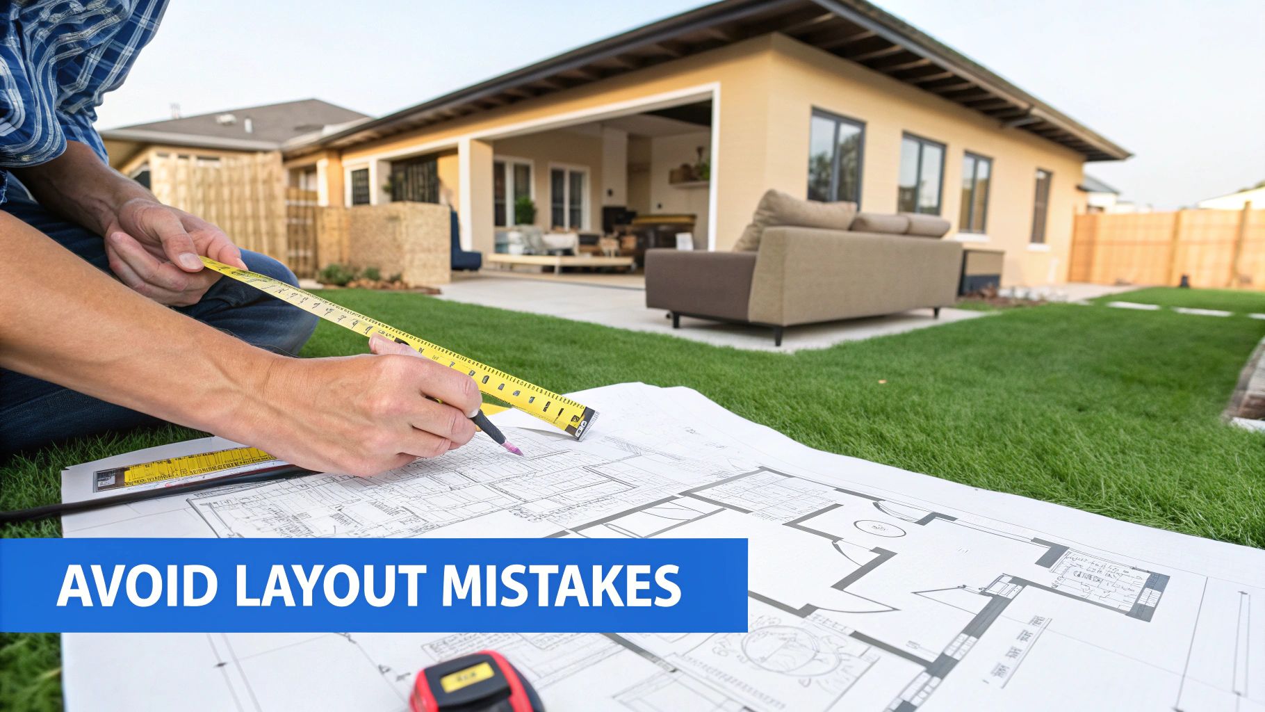Professional contractor reviewing architectural floor plans with measuring tape for outdoor home renovation project