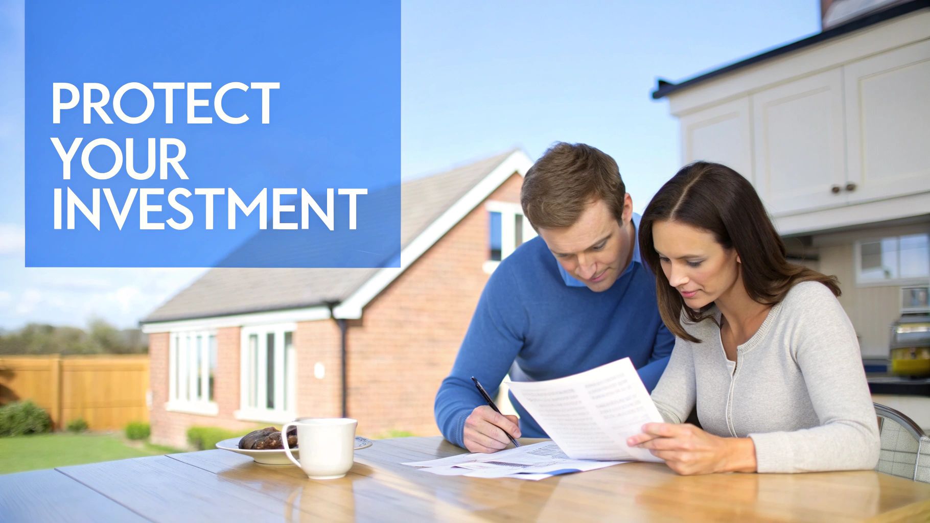 Couple reviewing property survey documents and insurance paperwork outside their home investment