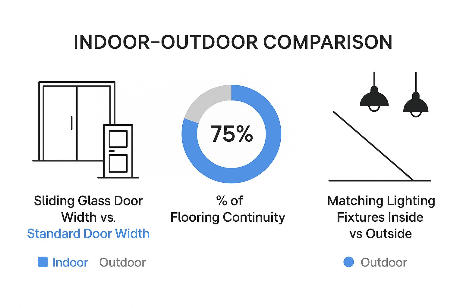 A chart that compares indoor-outdoor sliding glass door vs. a standard width door, flooring continuity and matching indoor and outdoor lighting.