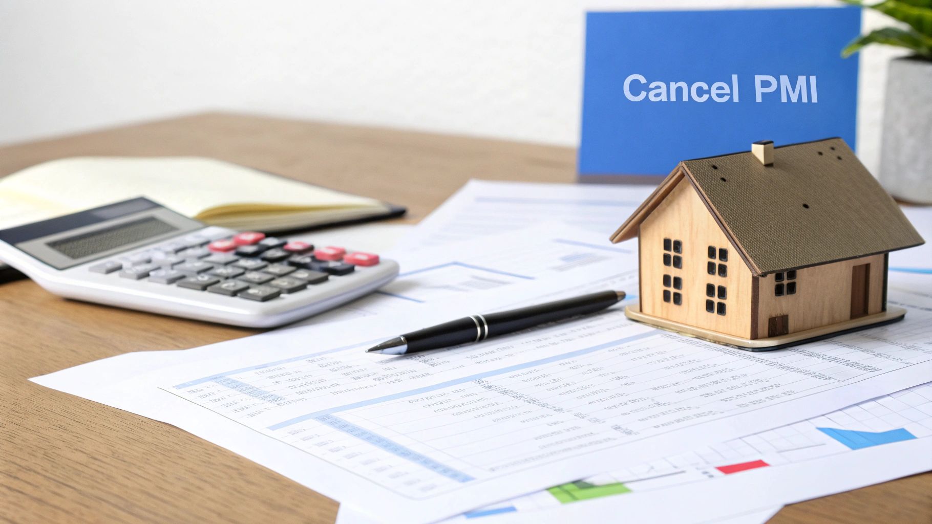 Wooden house model with calculator, pen, and documents showing cancel PMI button on computer screen