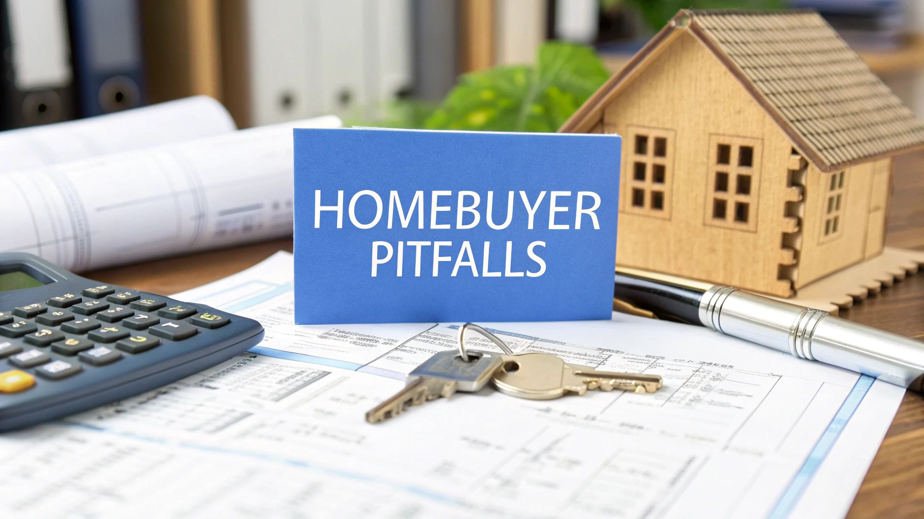 Blueprints on a table with keys on top next to a silver pen, calculator and a small wood model home.