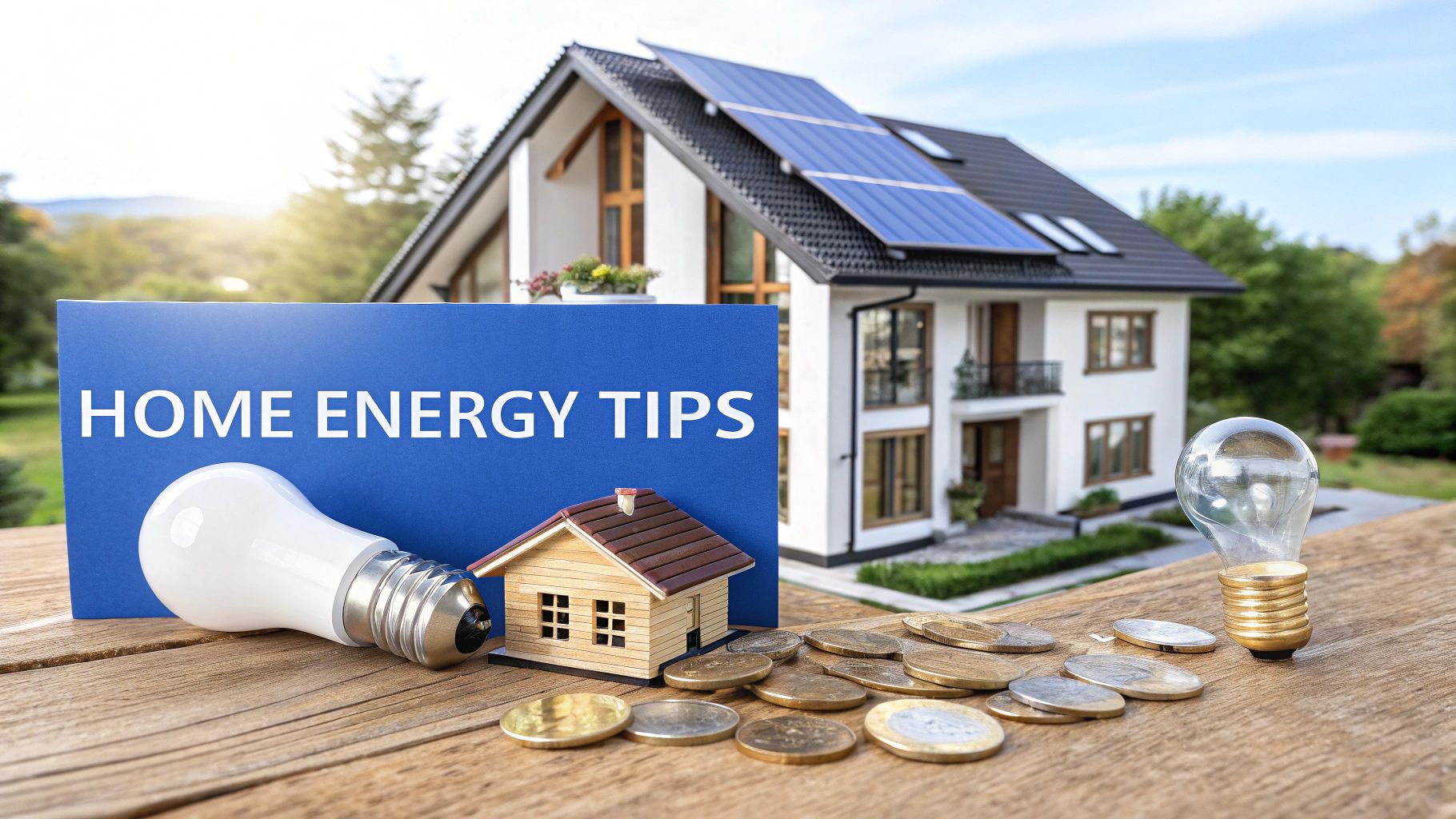 A small model house sitting on top of a wooden table next to 2 light bulbs and many coins with a blue sign that says home energy tips, outside on a sunny day.