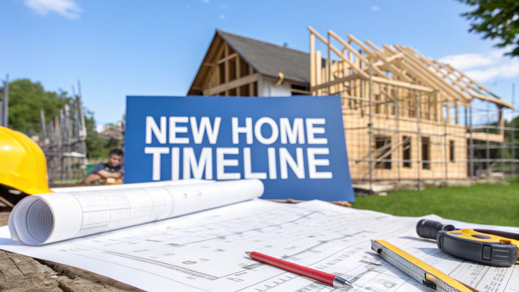 Blueprints on a table in front of a home being framed with a blue sign that says new home timeline.