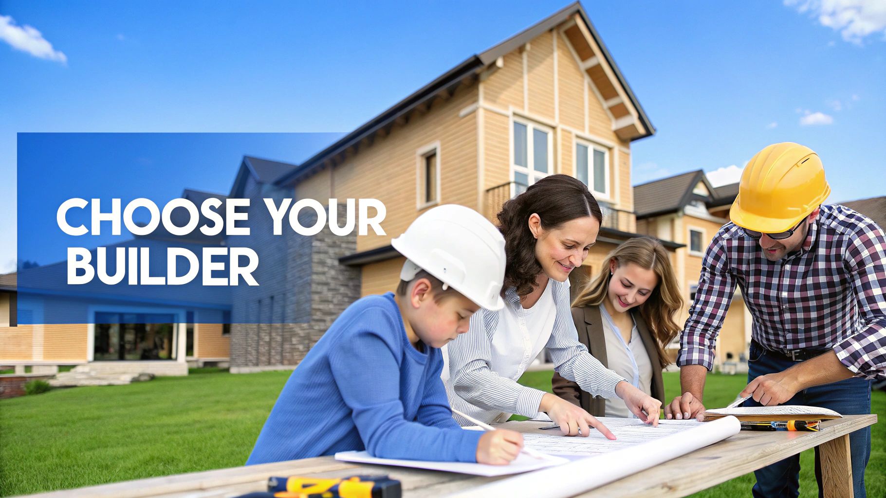 A family outside looking at blueprints with a contractor in front of a single family home on a sunny day.