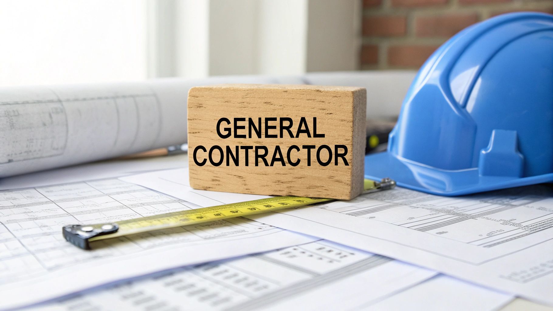A blue hard hat sitting on top of blueprints next to a tape measure and a piece of wood that says general contractor.