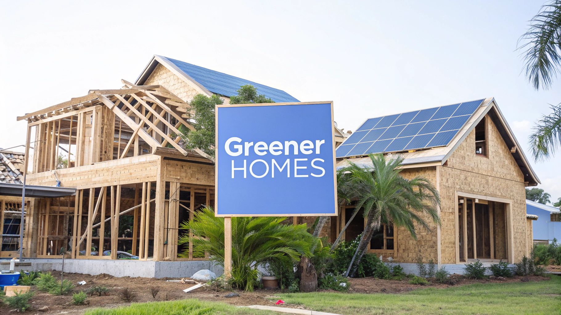 A home being framed outside with solar panels on the roof with a blue square sign on the image that says greener homes.