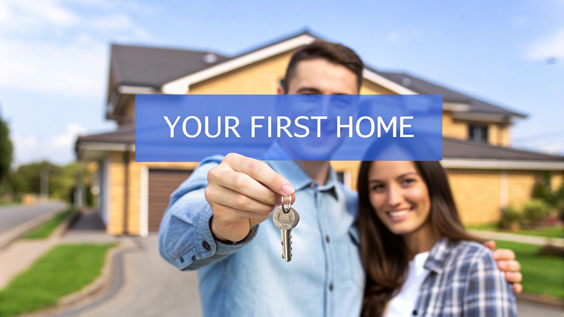 A man and woman holding keys in front of a home outside on a sunny day.