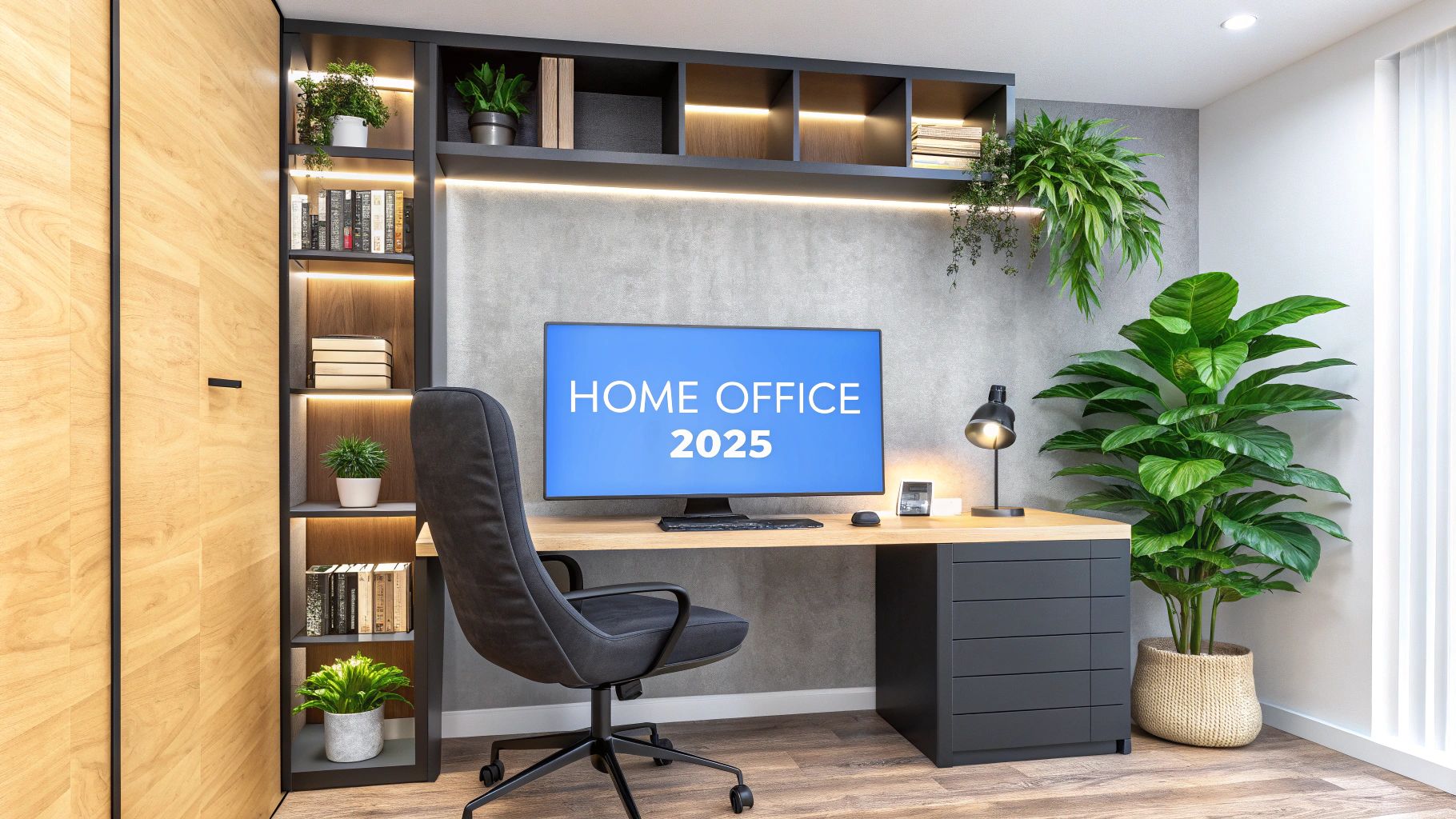 A picture of a home office along a wall with black cabinets and a light wood desk top. black leather chair and a computer screen that says Home Office 2025