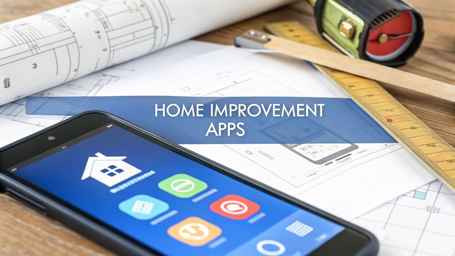 A mobile phone with apps on the screen laying on a wook table with a tape measure on blueprints that says home improvement apps