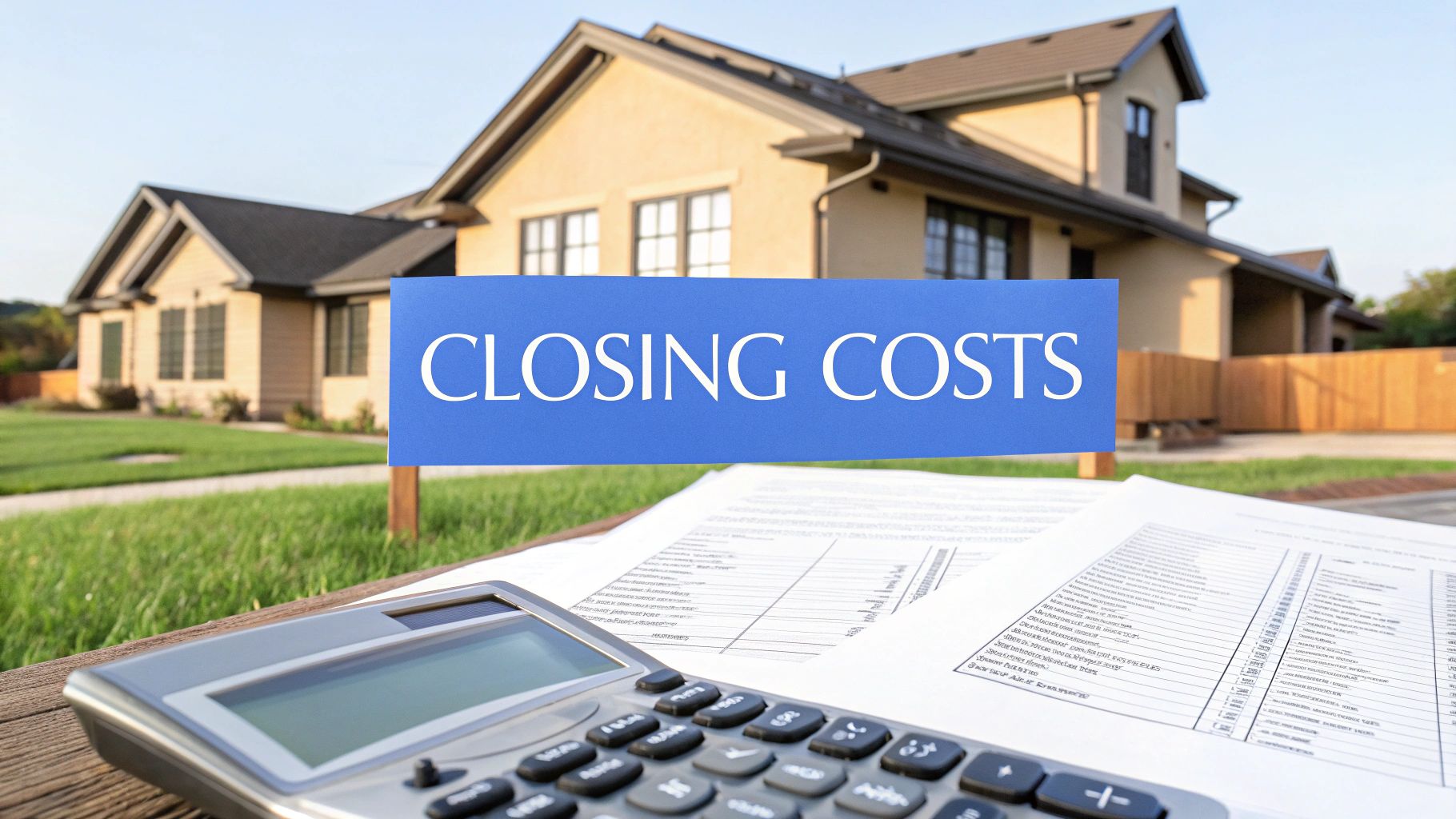 Closing cost estimate sheets laying on the grass in front of a house on a sunny day next to a calculator.